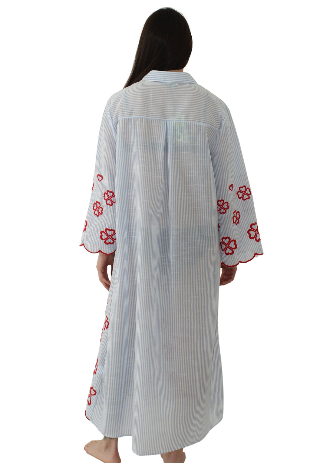 Vestido Blanco Ibicenco, Rayas Azules Bordado Flores Rojas - Jot_Madrid