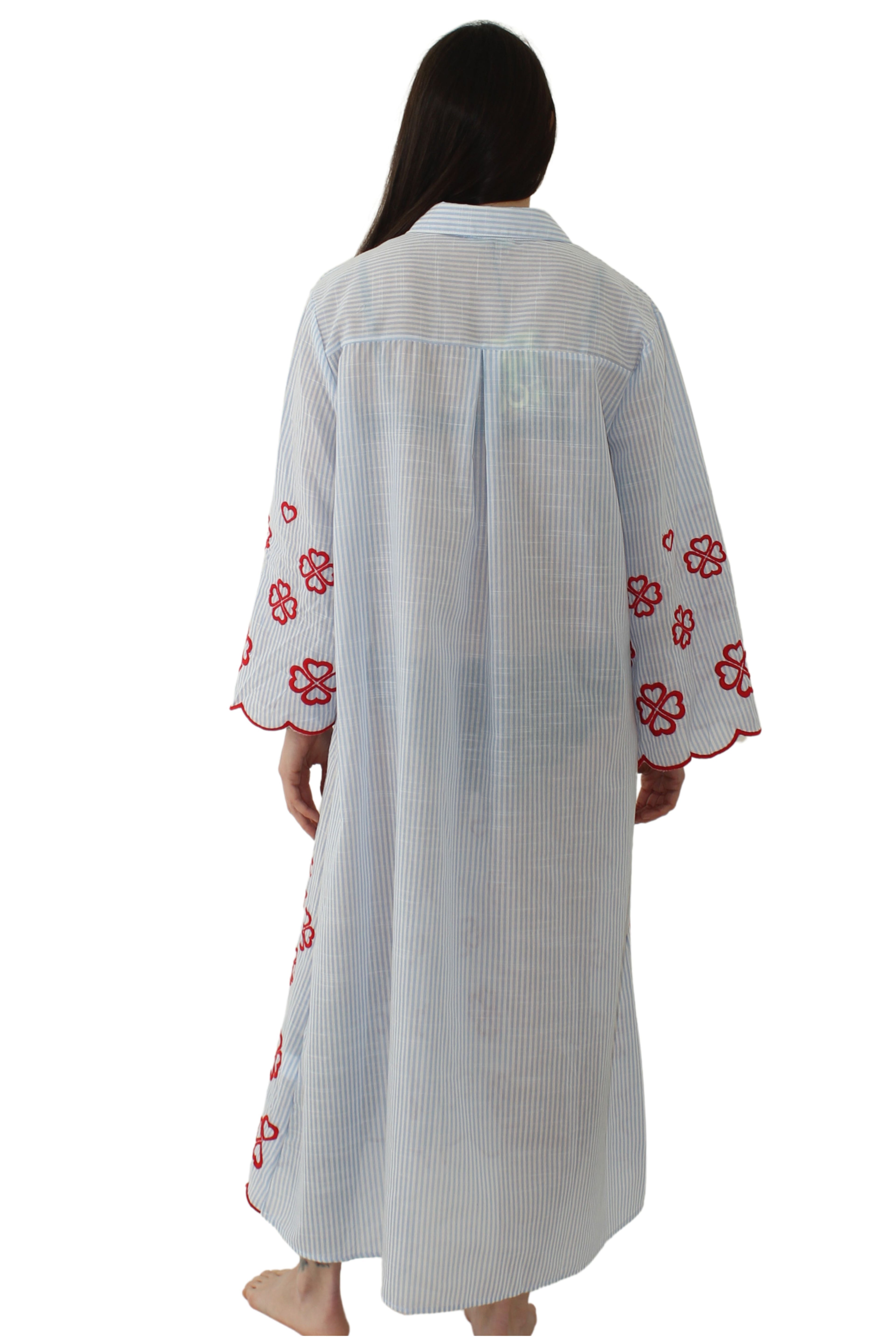 Vestido Blanco Ibicenco, Rayas Azules Bordado Flores Rojas - Jot_Madrid