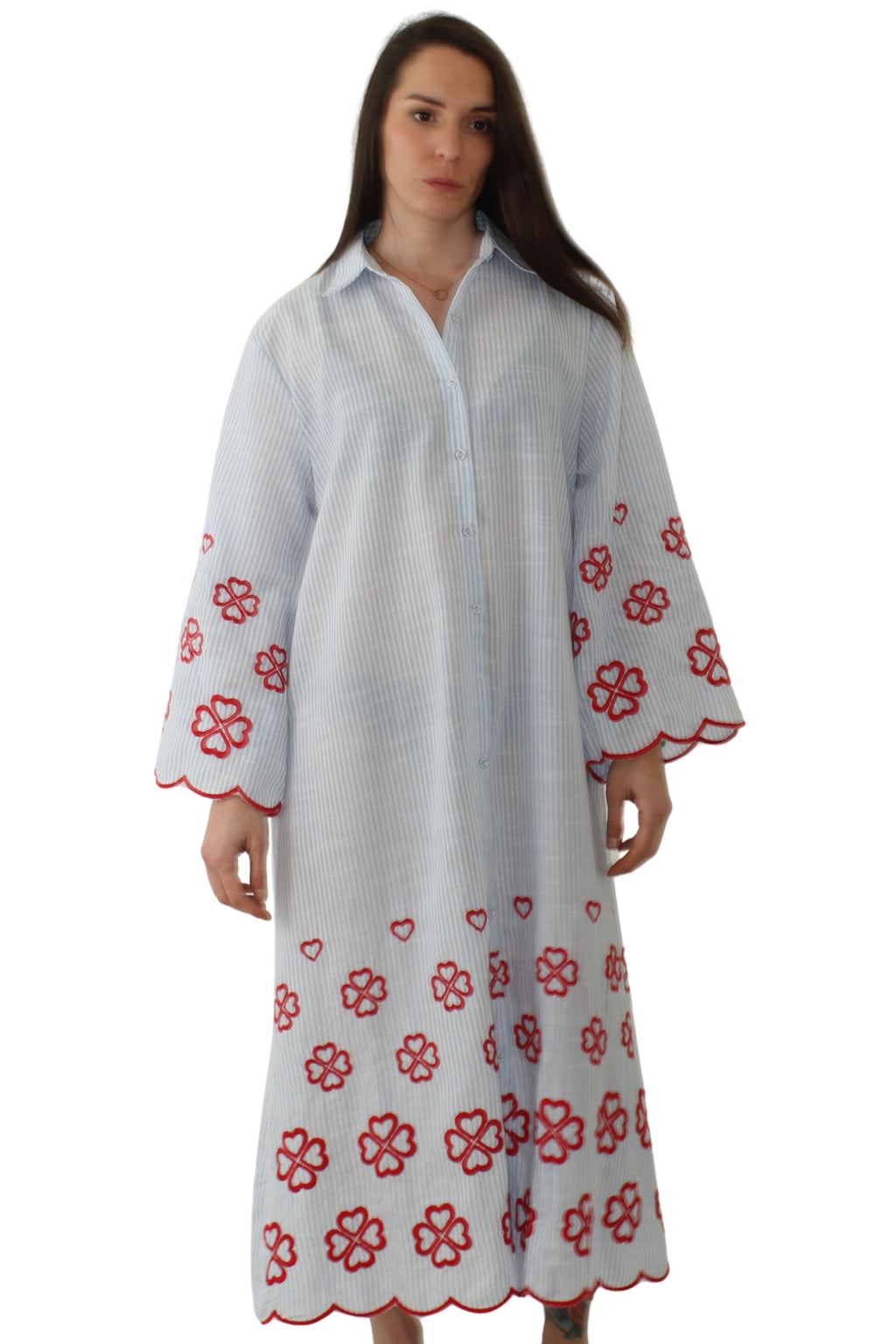 Vestido Blanco Ibicenco, Rayas Azules Bordado Flores Rojas - Jot_Madrid