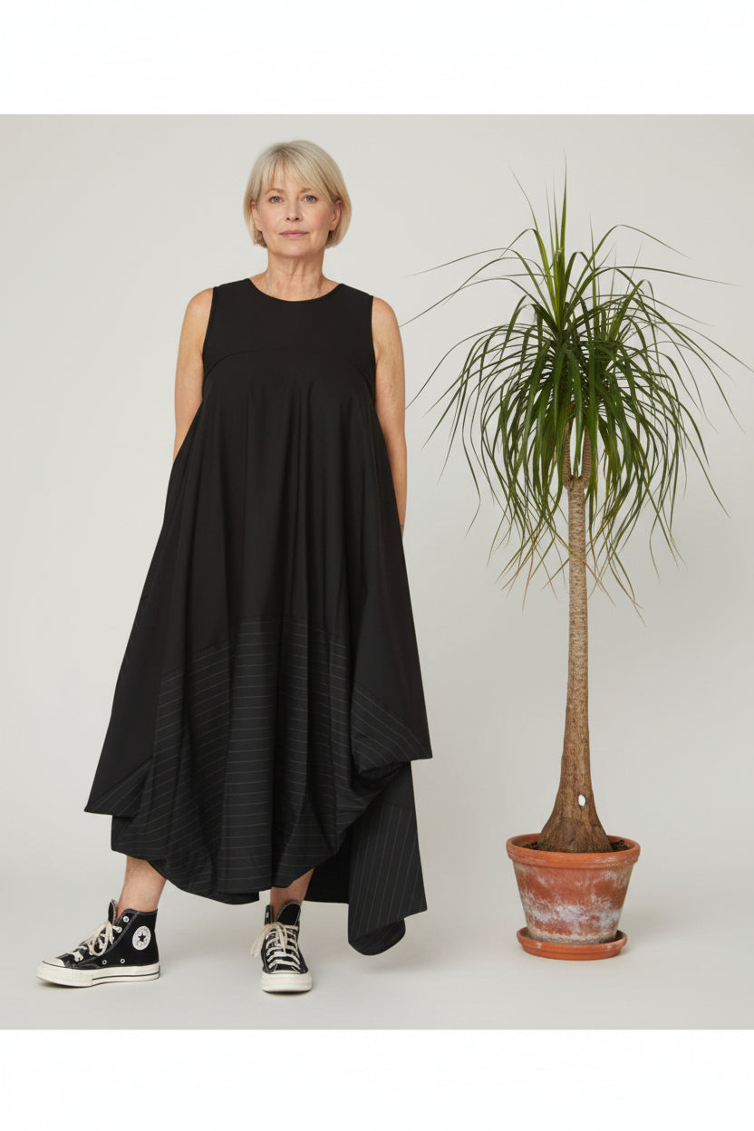 vestido efecto globo con detalle de raya diplomatica elegante y de wendy trendy