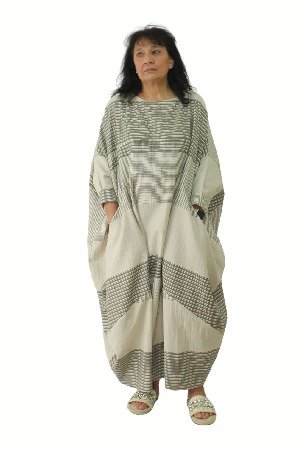 vestido wendy trendy tipo globo con bloques de rayas en tonos mas oscuros | YOLYKKE