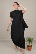 vestido yolykke negro elastico largo asimetrico cuello barco