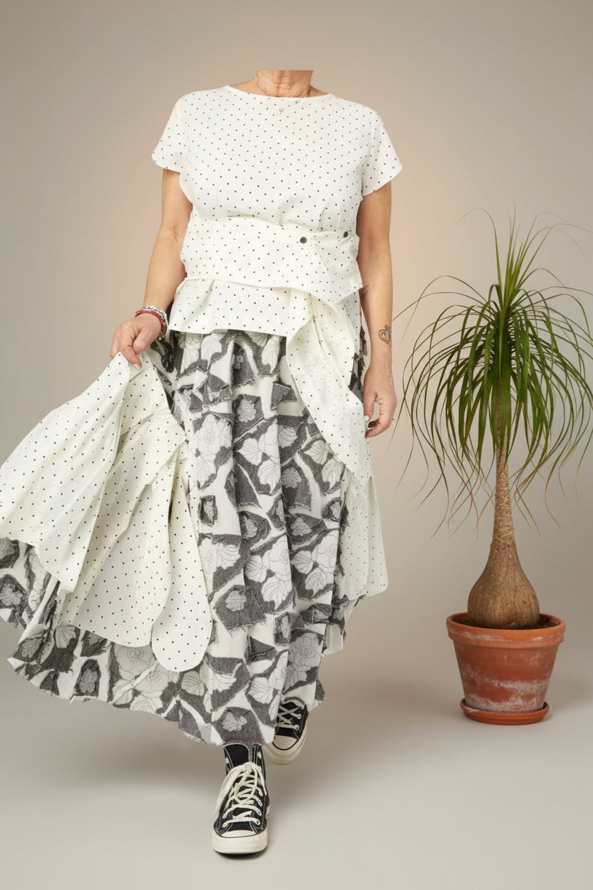 wendy trendy conjunto de falda de lunares con rosas cosidas y volantes con camiseta de lunares a juego